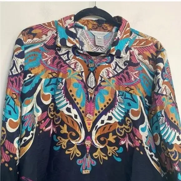 Multiples collared wood button down long sleeve, blouse, paisley print top - Picture 6 of 11